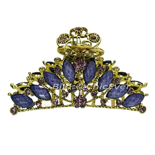 Haargreifer L Vintage Haarkneifer Haarklammer Metall & Strass lila violett gold 5119e - zum Schließen ins Bild klicken